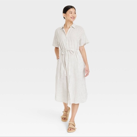a new day Dresses & Skirts - Women's Short Sleeve Linen Midi Shirtdress - A New Day Cream Striped M